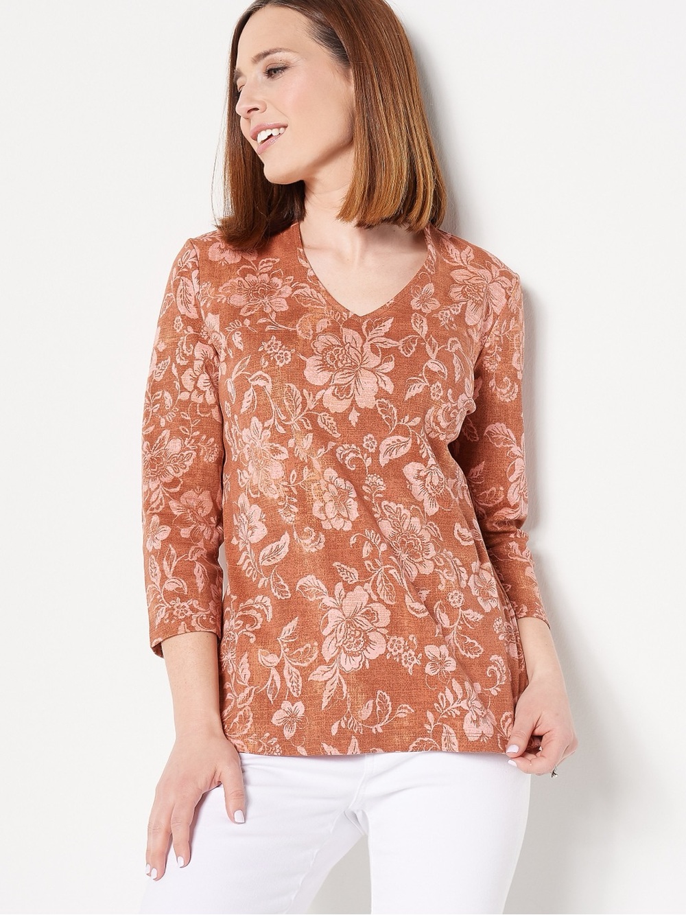Floral V-Neck Tunic Top - Latte Floral